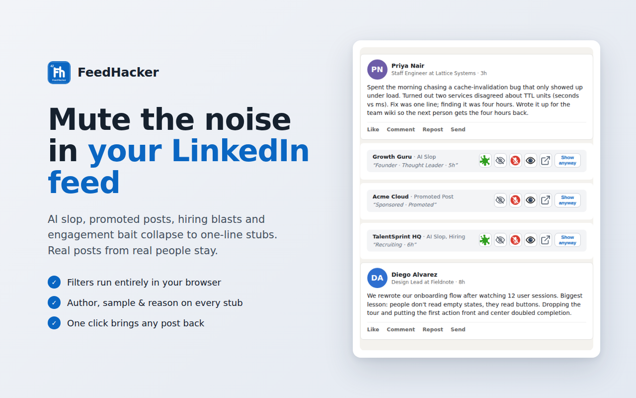 FeedHacker in the LinkedIn feed: flagged posts collapsed to one-line stubs while real posts stay