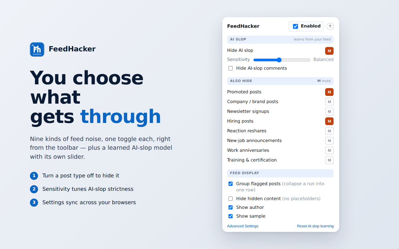 The toolbar popup: a mute mixer for nine kinds of feed noise