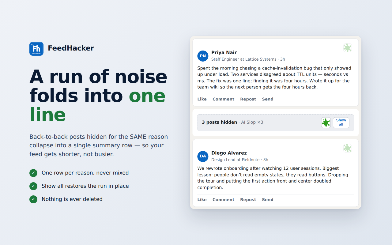 A run of four flagged posts folded into a single summary row with a tally of reasons