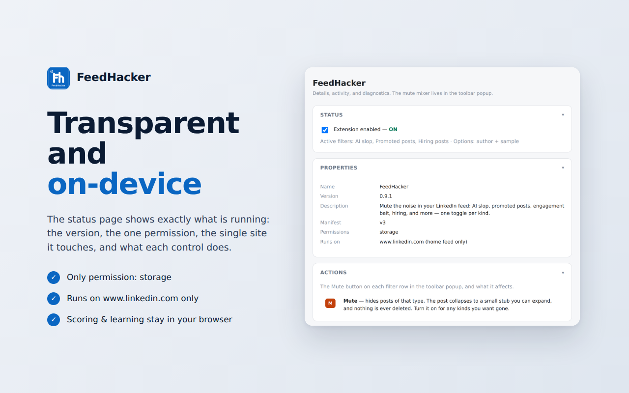 The status page: active filters, the storage-only permission, and what Mute does